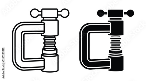 Photography Professional metal c clamp tool icon set in black outline and solid style for woodworking carpentry and mechanical holding tasks