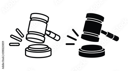 Foto Legal gavel with sound block icon set in line and solid style for justice law court auction bidding and authority representation
