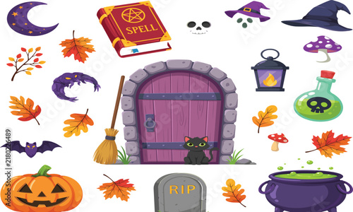 Spooky Halloween Flat Vector Element Set with Magic Spell Book Witch Gate Pumpkin Broom Cauldron Poison Bottle and Autumn Leaves