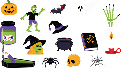 Spooky Halloween Flat Vector Character Element Bundle featuring Zombie Witch Green Monster Hand Cauldron Eyeballs Spell Book and Coffin Graphics