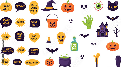 Halloween Party Decorative Graphic Element Bundle featuring Creepy Typography Badges, Haunted Castle, Cauldron, Poison Bottle, and Classic Spooky Character Icons