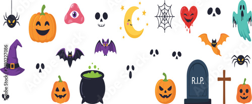 Spooky Halloween Flat Vector Icon Set Featuring Jack O Lantern Pumpkins Witch Hat Cauldron Ghost Bats RIP Tombstone and Creepy Face Elements