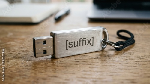 Metallic USB flash drive featuring bracketed suffix branding and a black lanyard ring placed on a textured wooden office desk surface.