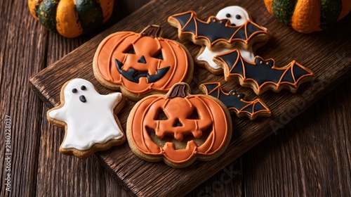 Festive Halloween cookies with pumpkin and ghost shapes arranged on a wooden board with warm lighting