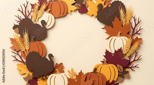 Decorative autumn wreath with pumpkins and turkeys isolated on a plain white background for seasonal holiday design