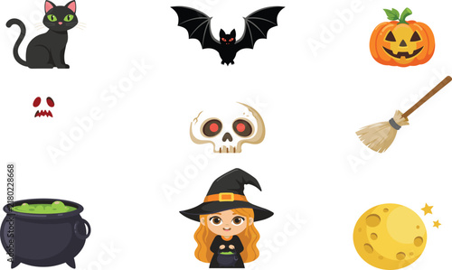 Cute Cartoon Halloween Flat Vector Icon Set Featuring Little Witch Girl Black Cat Cauldron Pumpkin Moon Bat and Broomstick Elements