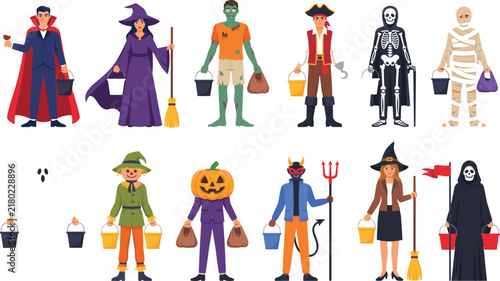 Cute Cartoon Children in Halloween Costumes Flat Vector Set featuring Vampire Witch Zombie Pirate Skeleton Mummy and Pumpkin Trick or Treating Elements