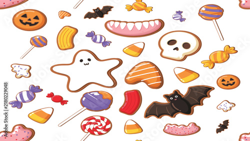 Spooky Halloween Cookie and Pastry Vector Set Featuring Ghost Skull Vampire Teeth Bat and Pumpkin Sugar Biscuits for Seasonal Autumn Confectionery Projects