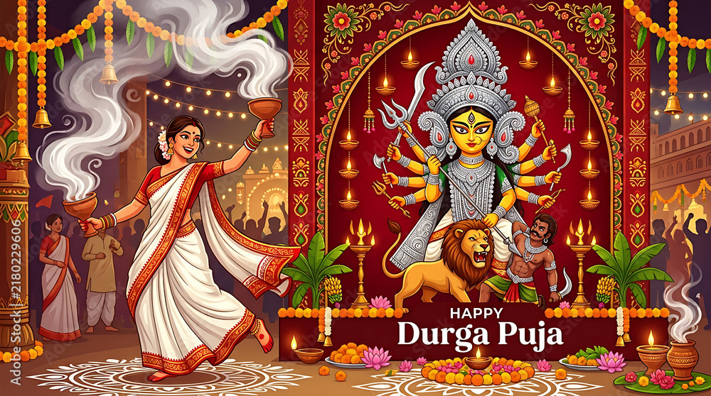 Naklejka premium Festive durga puja celebration with traditional dance and goddess idol