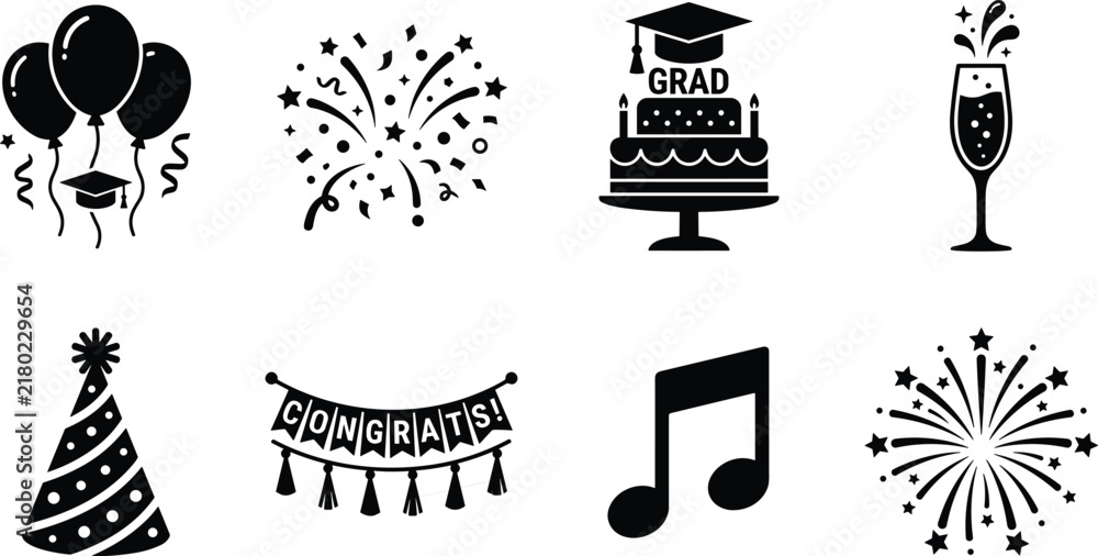 Fototapeta premium Graduation celebration icon collection with balloons, confetti, cake, champagne, party hat, banner, music and fireworks