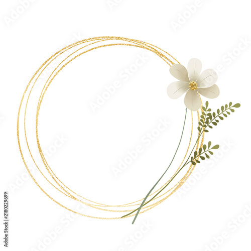 Gold wreath, floral frame with wild flowers. Hand painting geometric golden border, greeting background. Digital illustration isolated on white background.