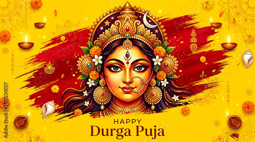 Happy durga puja greeting card with goddess durga illustration