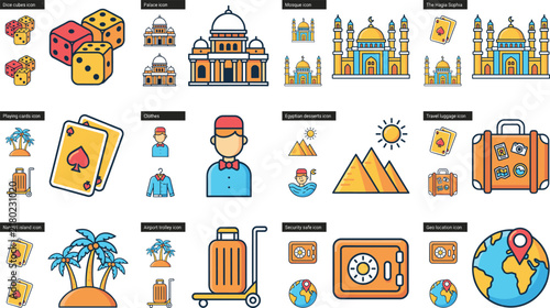 Global Tourism and Hotel Resort Flat Linear Vector Icon Set featuring Pyramids, Palaces, Playing Cards, Luggage, and Tropical Islands for Travel Designs