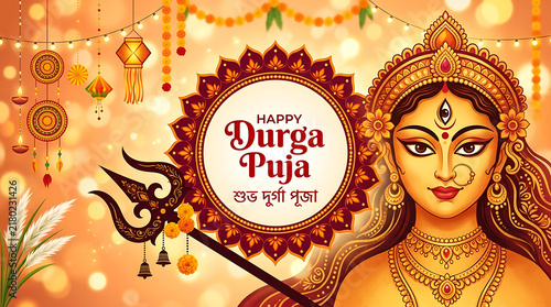 Happy durga puja greeting card with goddess durga illustration