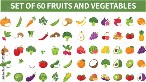 Large Flat Vector Icon Set of Sixty Fresh Fruits and Vegetables featuring Apple Banana Broccoli Tomato and Carrot for Healthy Organic Diet Nutrition Graphic Designs
