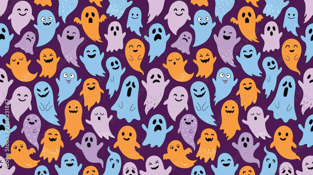Fototapeta premium Halloween ghost seamless pattern, cute spooky spirits on purple background, colorful cartoon ghost vector illustration for festive wallpaper