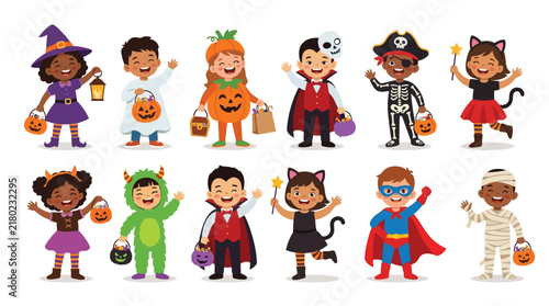 Cuadro en lienzo Halloween kids in costumes vector set, diverse children trick or treating charac