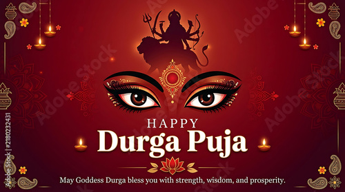 Happy durga puja greeting card with goddess durga silhouette and decorative lamps