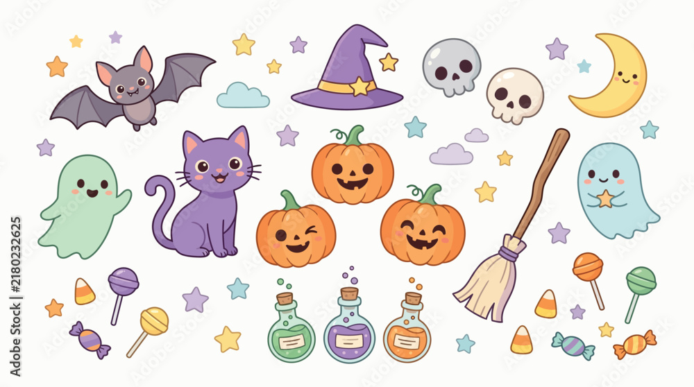 Obraz premium Kawaii Halloween vector sticker set, cute spooky characters with pumpkins and ghosts, pastel holiday clip art collection