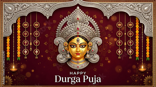 Happy durga puja greeting card with goddess durga face and traditional decorations