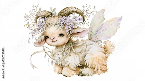 Whimsical Fantasy Baby Goat with Fairy Wings and Floral Crown Isolated