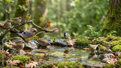 A gathering of wild birds drink from a natural stone water feature within a lush forest setting avian canary chaffinch