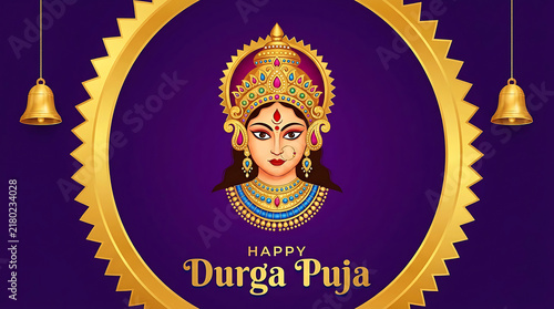 Happy durga puja greeting card with goddess durga illustration