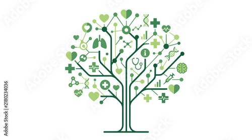 Healthcare medical tree of life with clinical technology icons flat vector illustration for holistic wellness branding