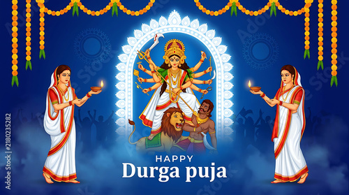 Happy durga puja greeting card with goddess durga and traditional women with lamps