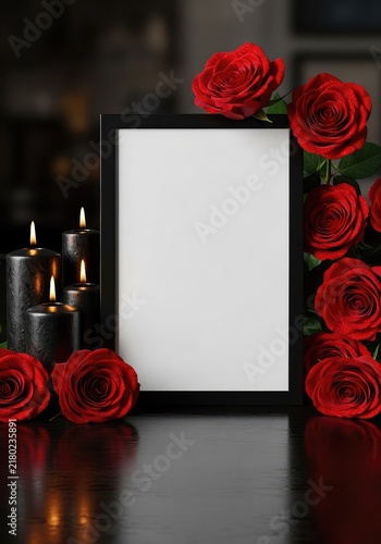 A vertical empty black picture frame surrounded by red roses and three black candles on a dark surface with copy space for text, funeral, arrangement, sadness