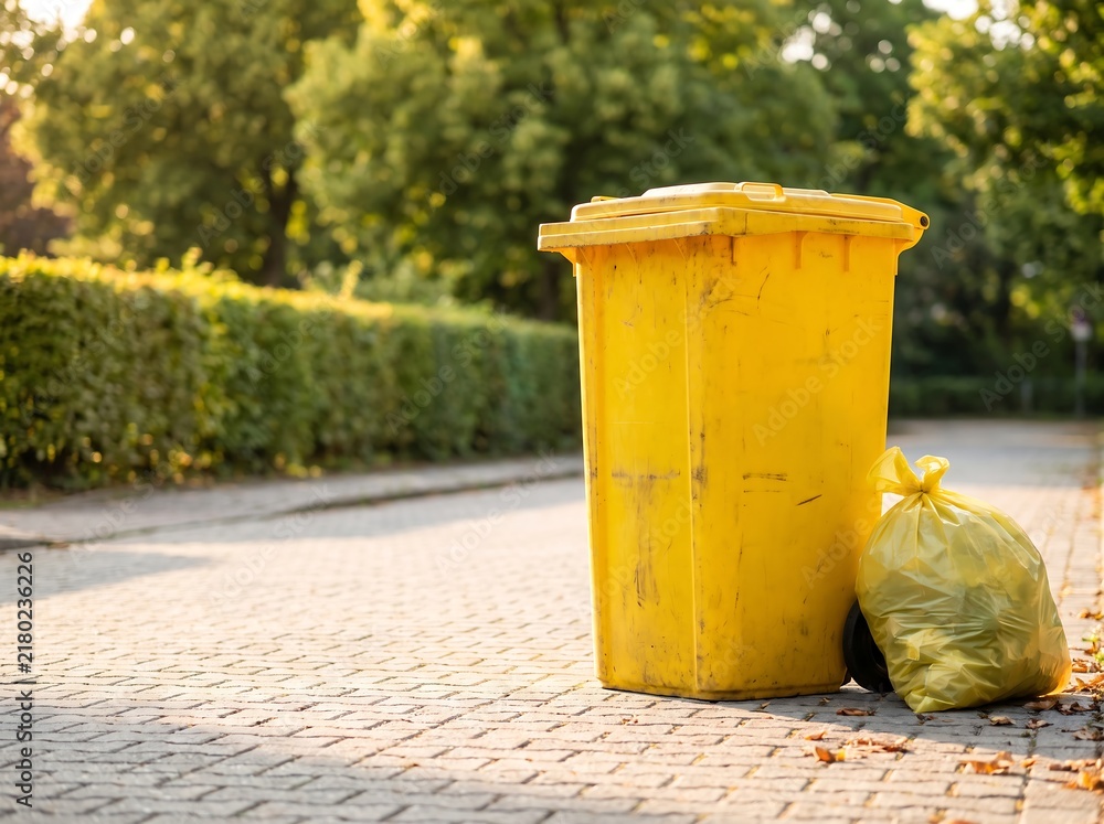 Obraz premium Yellow Wheelie Bin and Garbage Bag on Sunny Paved Street - Urban Waste Management, Recycling, and Household Cleanup Concept.