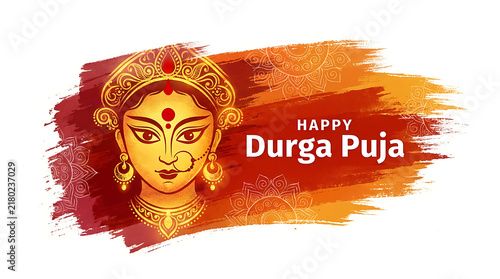 Happy durga puja greeting card with goddess durga face illustration