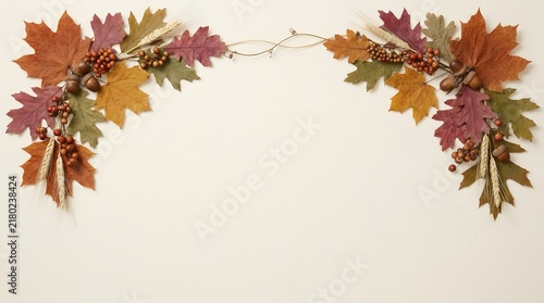 Decorative autumn leaf border frame with colorful fall foliage on a light beige background