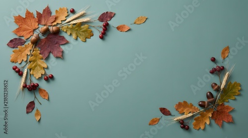 Autumn leaves and berries arranged in two corners on a muted blue background with copy space