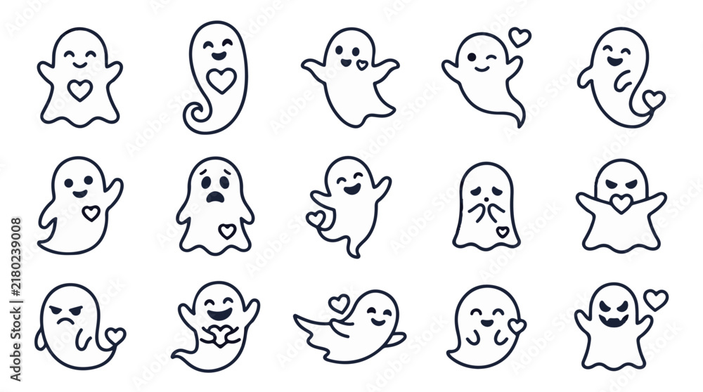 Obraz premium Cute kawaii ghost vector set, playful spooky character outlines, happy silly spirit illustrations, funny haunted season icons, cute spooky line art collection isolated on White Background