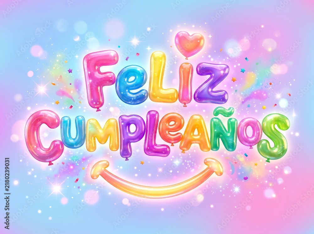 Fototapeta premium Colorful 3D Feliz Cumpleanos Text On Pastel Bokeh Backdrop