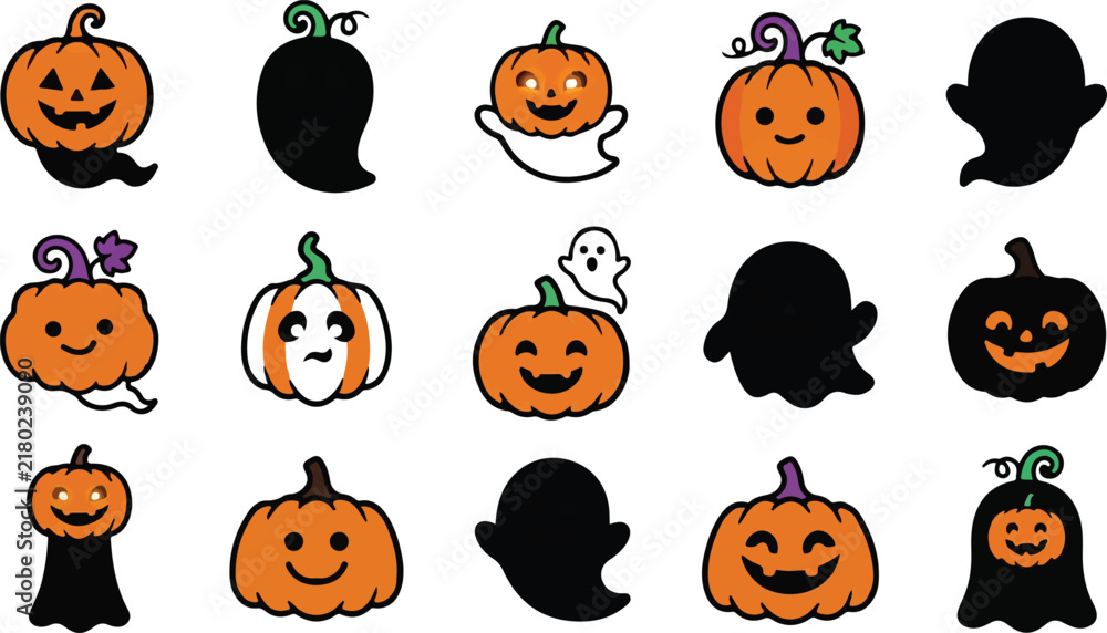 Obraz premium Cute Halloween Pumpkin and Ghost Silhouette Collection, Orange Jack-O-Lantern Vector Set, Kawaii Witch Characters, Spooky Party Illustration Graphics for Design isolated on White Background