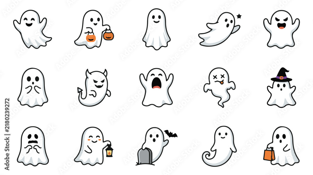 Fototapeta premium Collection of cute kawaii cartoon ghosts. Spooky Halloween characters with pumpkins and witch hat. Adorable spooky spirit vector illustration for holiday. isolated on White Background Halloween