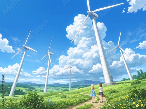 Anime Style Landscape With Wind Turbines Under Blue Sky