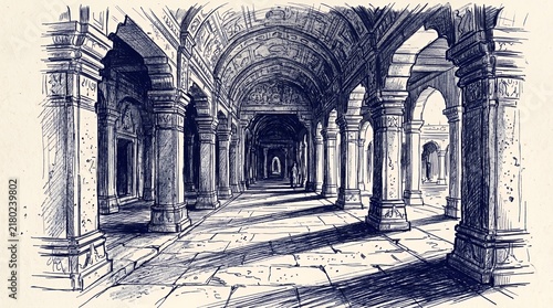 Medieval stone vaulted hallway architectural sketch.