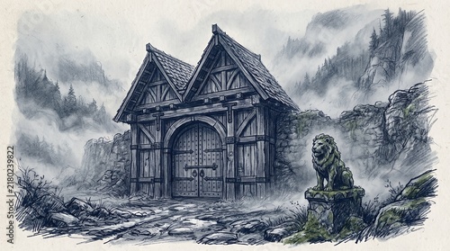 Medieval wooden gatehouse with lion statue in mist.