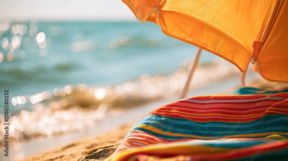 Obraz premium Close up of a striped beach towel and orange umbrella on sandy shore with ocean waves