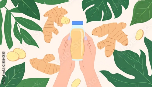 Hands Holding Ginger Juice Bottle | Healthy Wellness Beverage Illustration