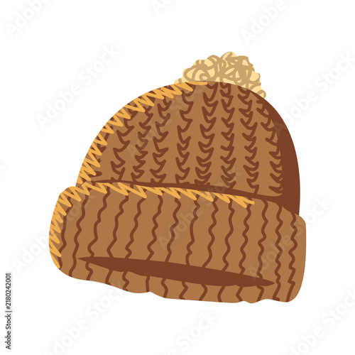 Cute autumn brown knitted beanie hat with pompom illustration isolated on white background