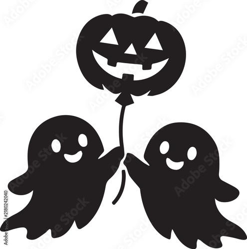 Two cute ghosts holding a jack o lantern pumpkin balloon in a minimalist black and white halloween silhouette