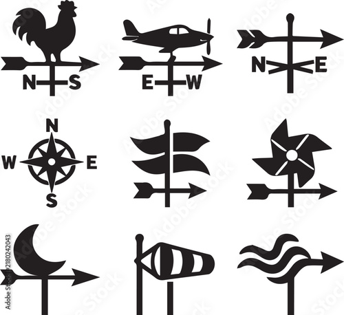 Set of various weather vane icons featuring a distinctive black and white graphic design style in silhouette