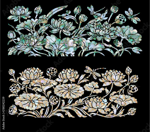 Mother of pearl traditional lotus pond and dragonflies decorative panel set