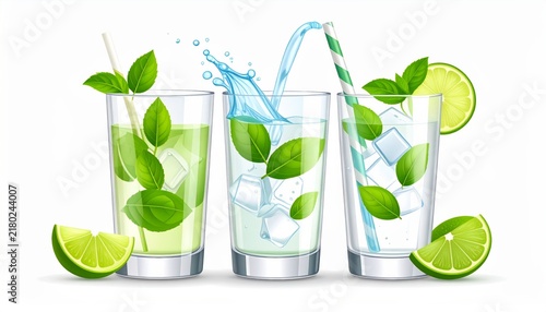 Refreshing Lime and Mint Mojito Cocktails in Glass | Iced Beverage Illustration