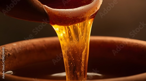 Close-up cinematic shot of thick, golden liquid, resembling pure honey or rich syrup, elegantly pouring into a rustic earthenware bowl, emphasizing its luscious texture and natural sweetness