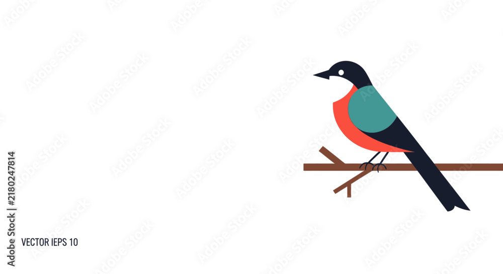Fototapeta premium A colorful stylized bird with black, teal, and orange feathers perched on a branch, vector illustration on a white background.
